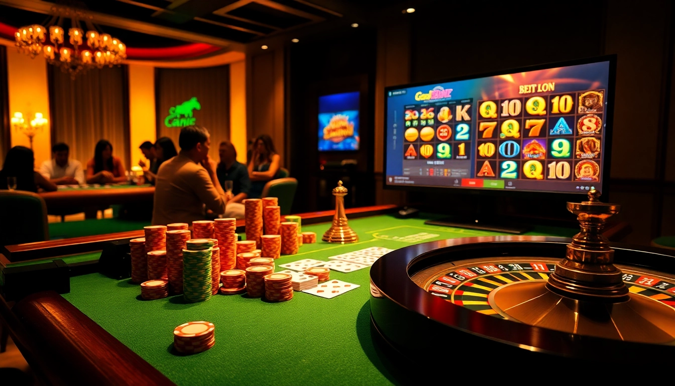 Scène de casino en ligne excitante avec des jetons de poker et une roulette, idéale pour engager les joueurs.