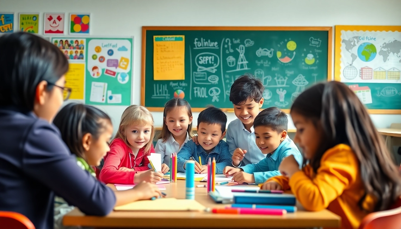 Education classroom with diverse students collaborating on projects in a vibrant learning environment.