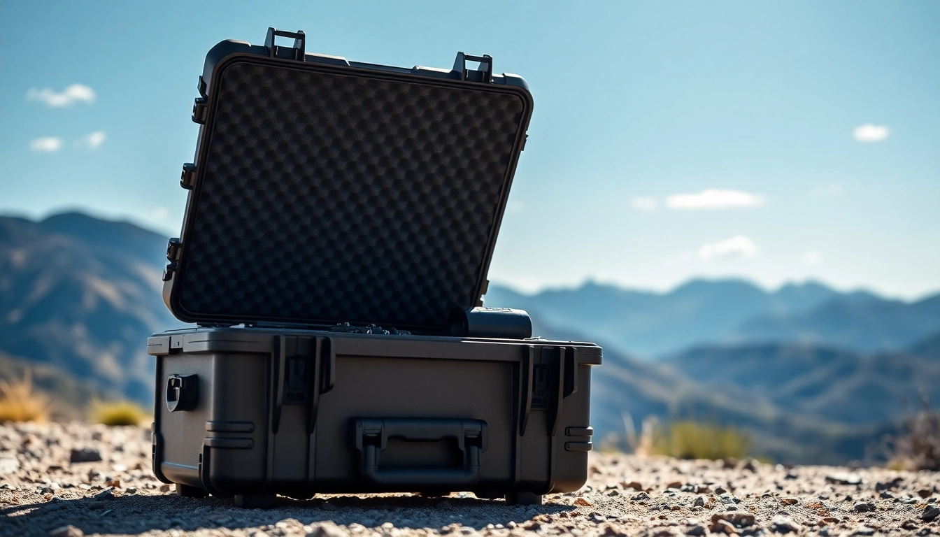 Showcasing a durable hard case with protective features in an adventurous outdoor setting.