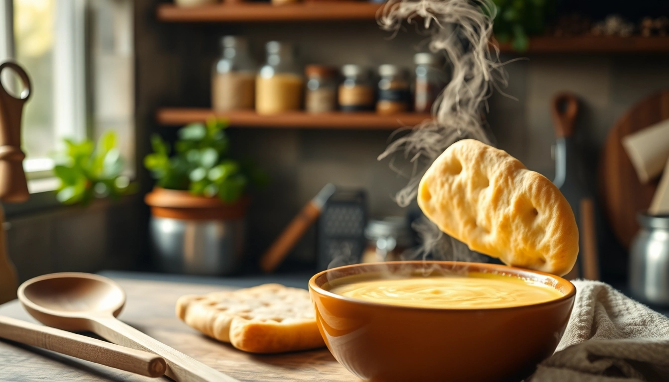 Kaasdoek over een kom verse kaas soep in een gezellige keuken.