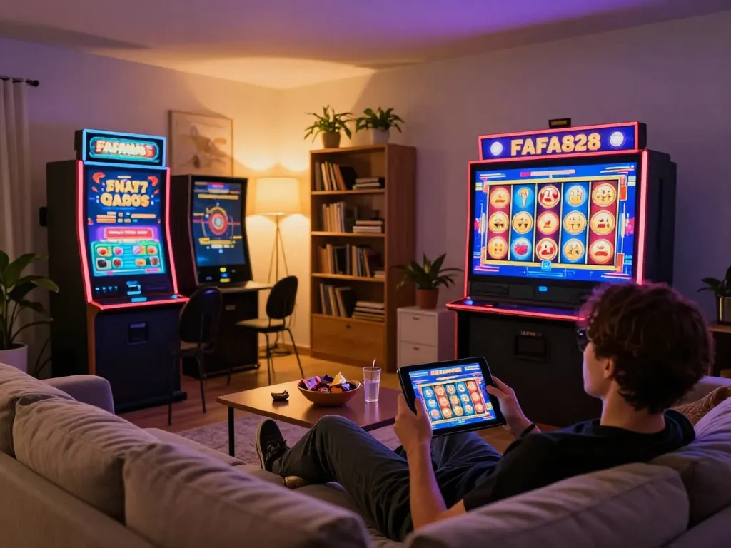 Engaging in FAFA828 online slot experience from home with vibrant graphics and cozy ambiance