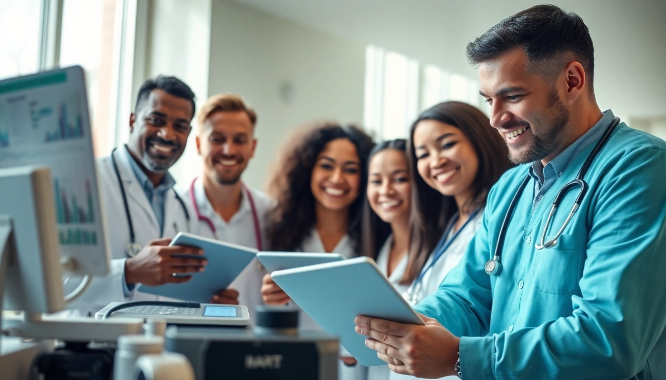 Healthcare specialists using YourGP technology for patient care collaboration.