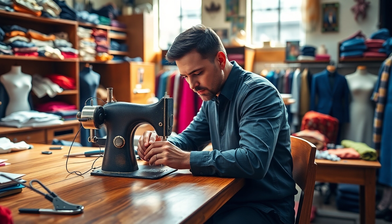 Craftsman at a tailor shop Nashville focusing on fabric and sewing techniques.