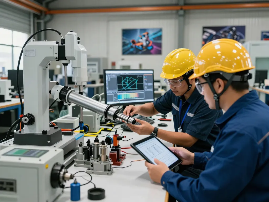 Engineers working on Bosch Rexroth automation solutions in a modern workshop