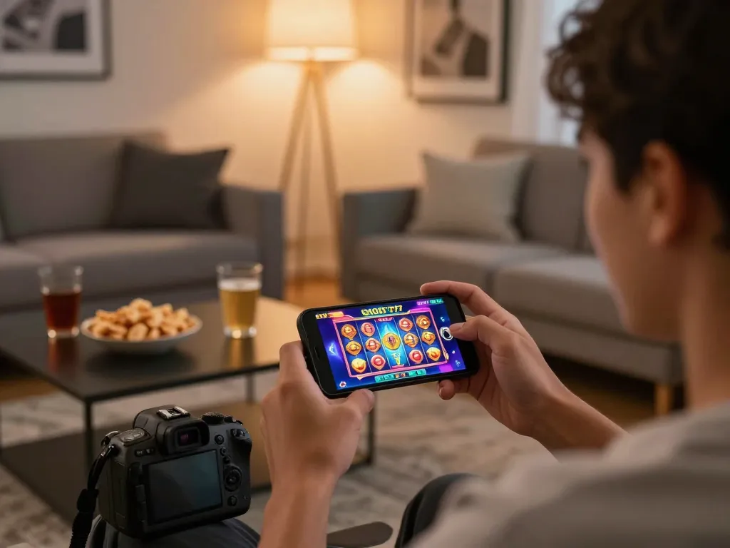 Engaging in slot gacor 777 gameplay on a smartphone in a cozy home setting