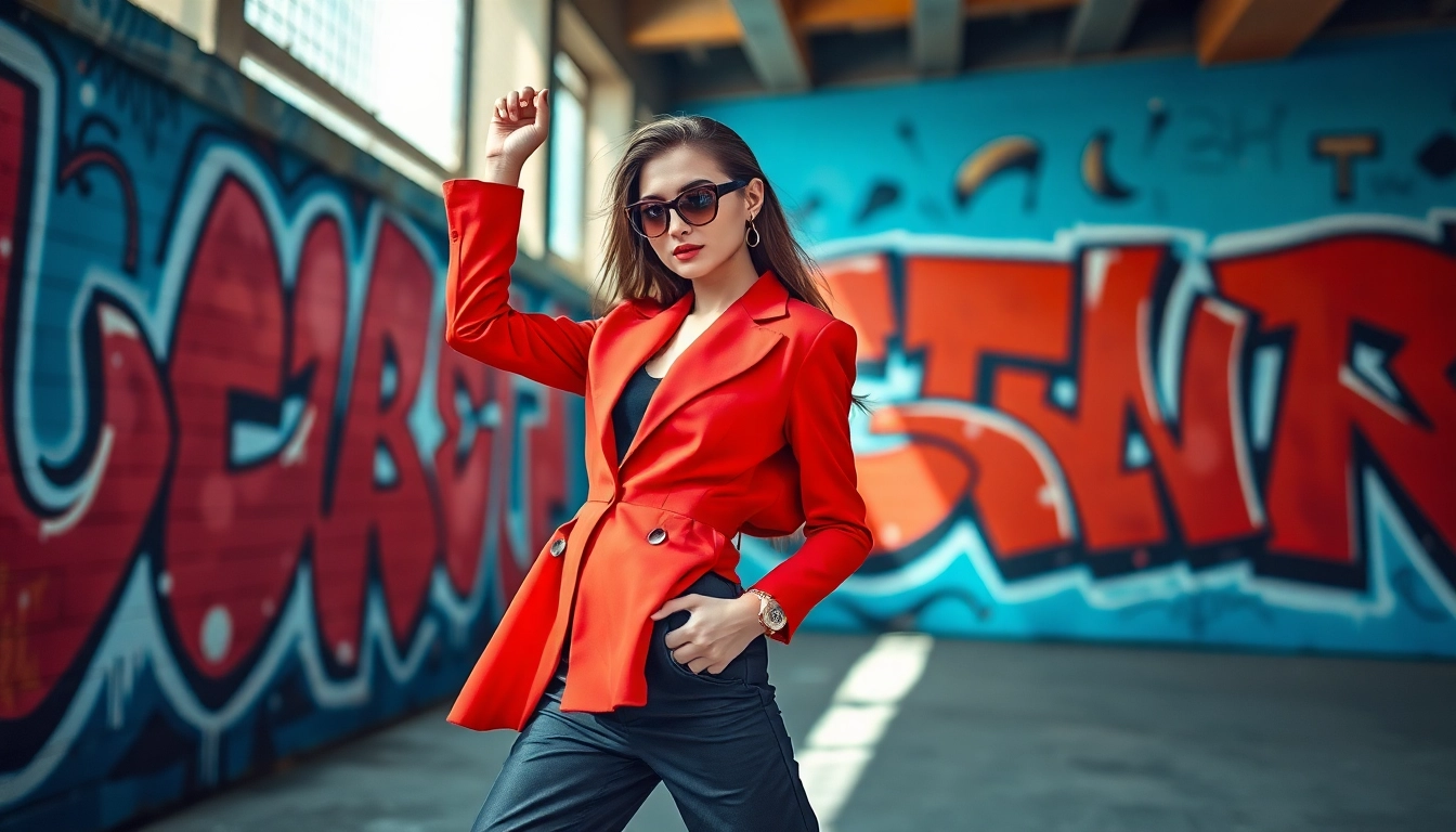 Fashion model exuding confidence in a vibrant urban setting with striking outfit details.