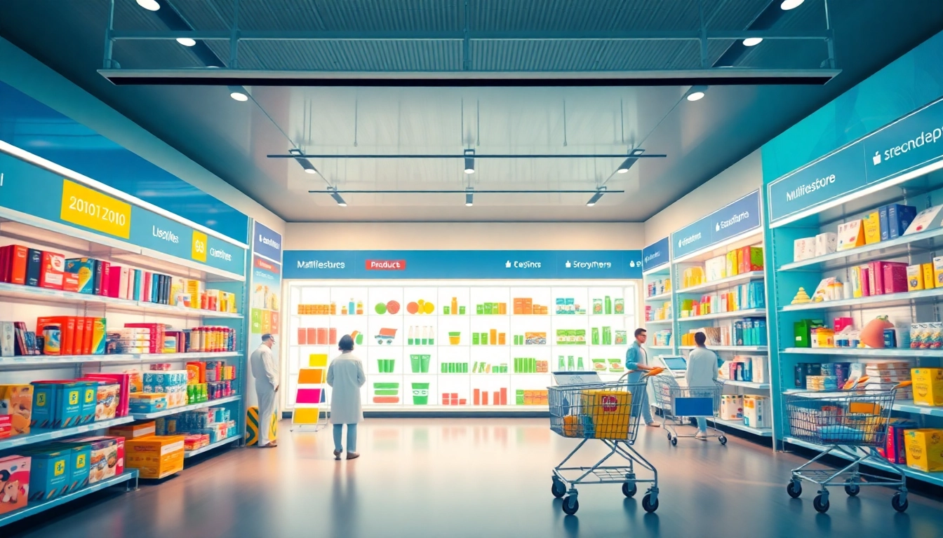 Engaging Multi-Store digital marketplace interface displaying various products in a user-friendly layout.