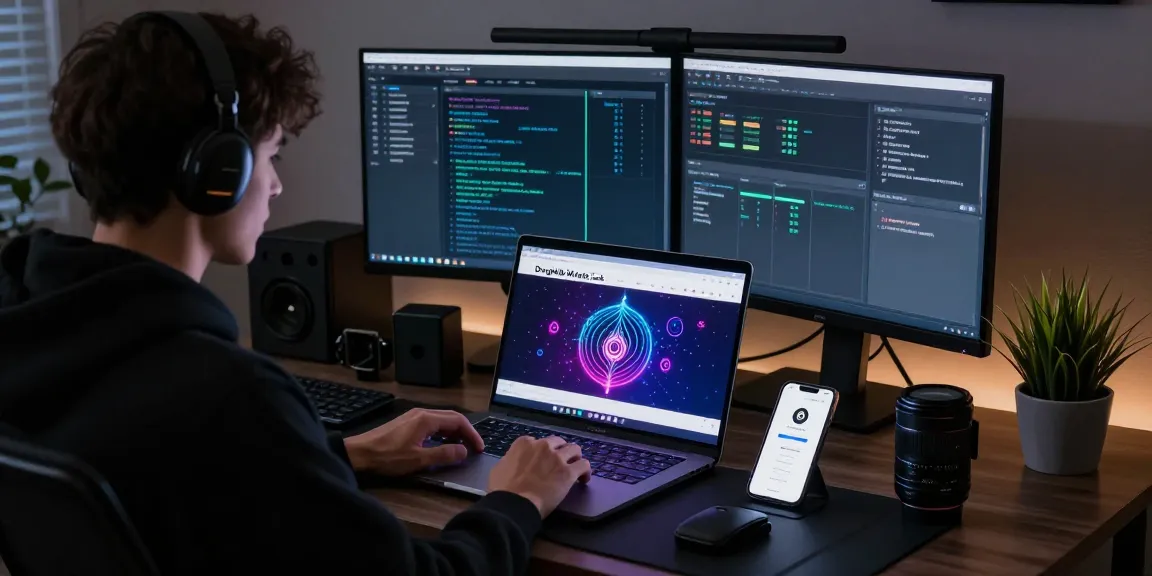 Engaged user at a security-focused workstation accessing the DrugHub Market Link, XMR-only darknet marketplace.