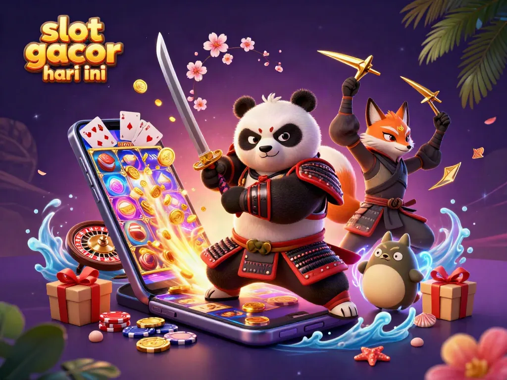 Gambarkan kemenangan besar di slot gacor hari ini dengan simbol slot dan keberuntungan dalam ilustrasi ceria.
