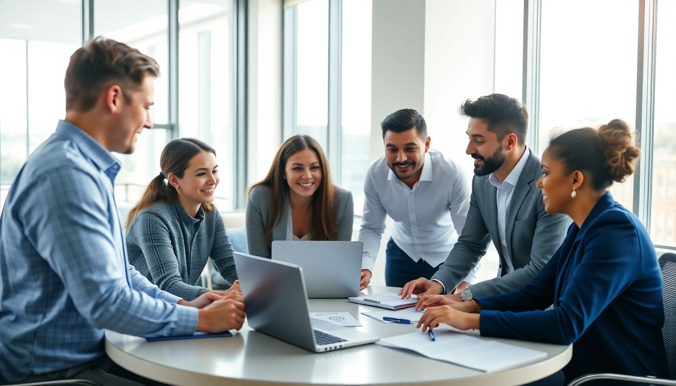 Engaged professionals discussing managed services in a bright office environment.