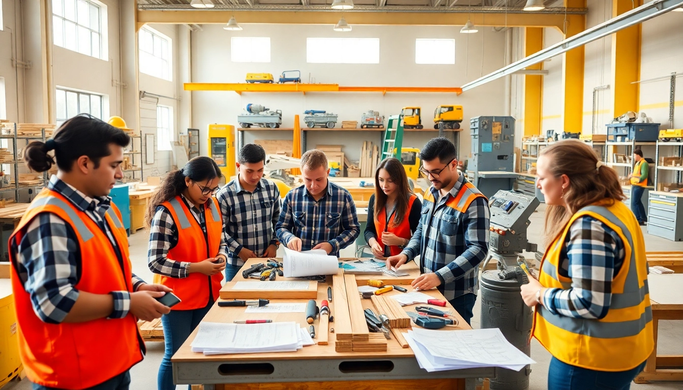 Students engaged in construction classes learning practical skills in a bright workshop.