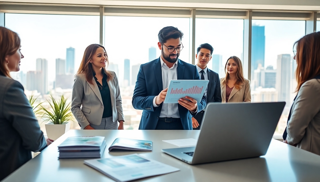 Real Estate agent engaging clients in a modern office setting with city views.