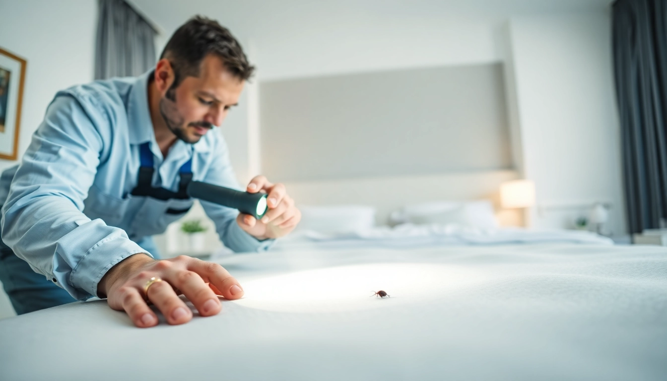 Bed bug exterminator performing an inspection in a well-lit bedroom.