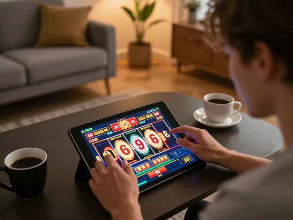 Engaging with okwin while playing vibrant slots on a tablet in a cozy home environment.