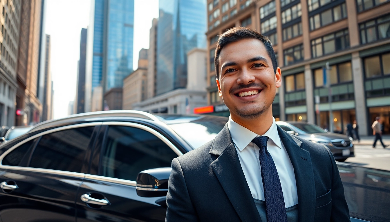 Chauffeur service nyc provided by a professional in upscale Manhattan with a sleek luxury sedan.