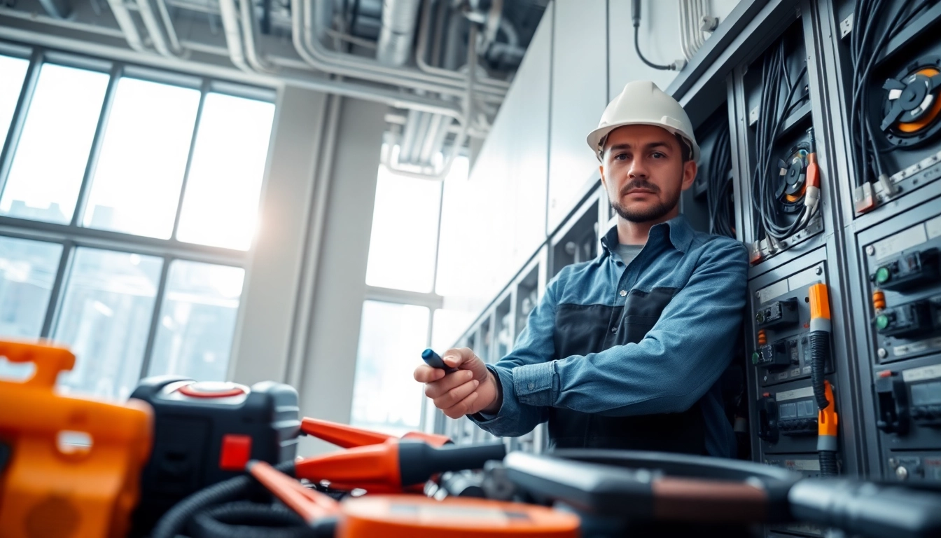 Edmonton electrical maintenance focus with a skilled electrician inspecting panel systems in a bright office.