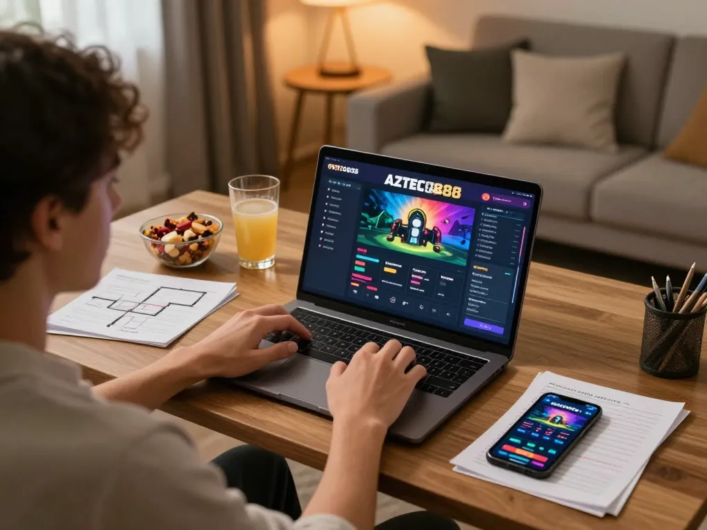 A player engaging with AZTEC888 on a laptop in a cozy home setup, showcasing responsible gaming.