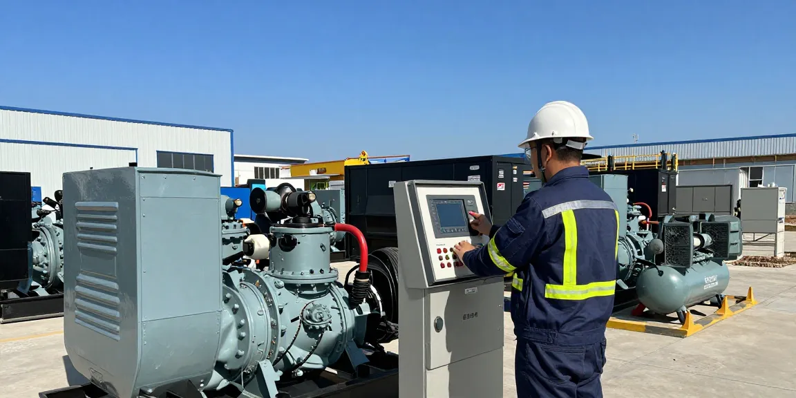 Technician operating a gas generator in an outdoor rental facility, showcasing energy solutions