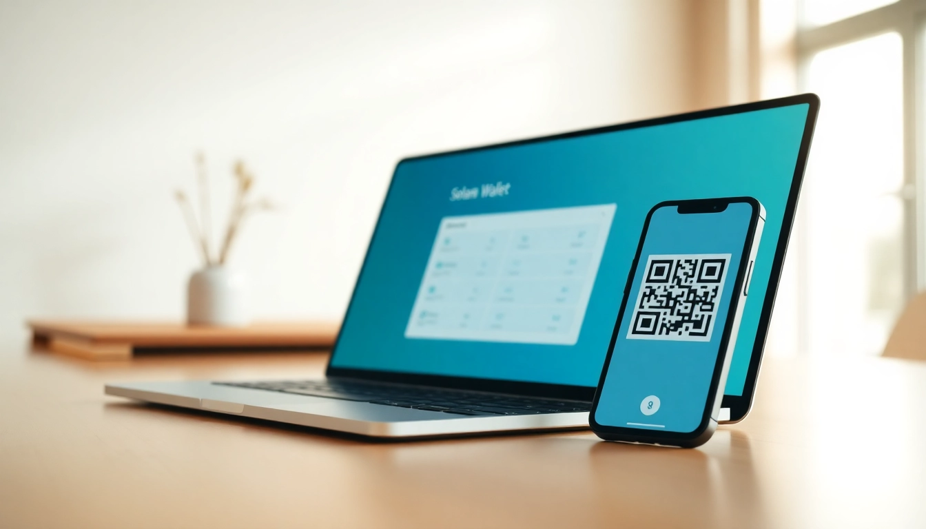 Engaging Solana Wallet interface on a laptop and smartphone in a sleek workspace.