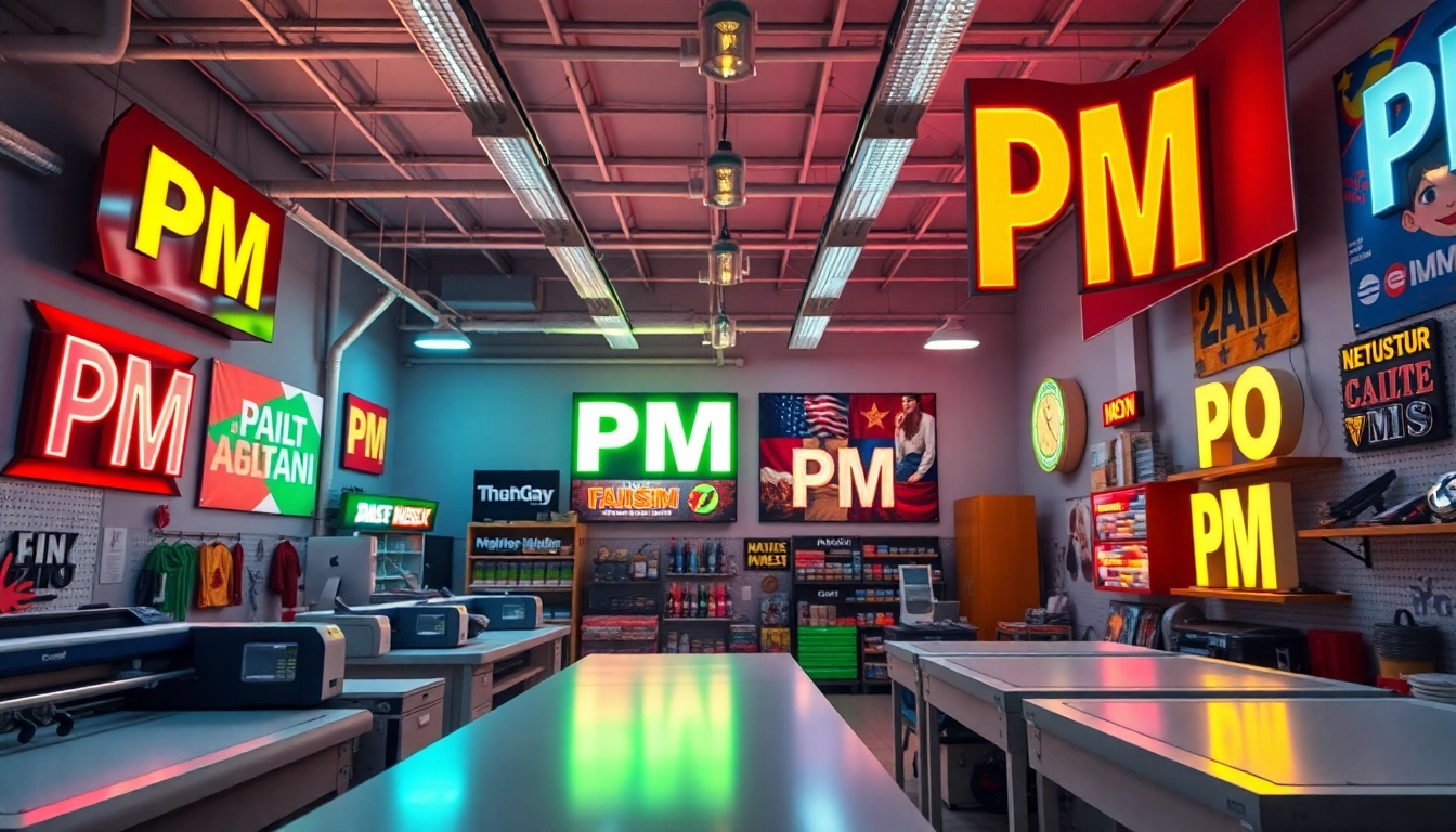 Showcase of pm signs in a professional sign shop highlighting creativity and craftsmanship.