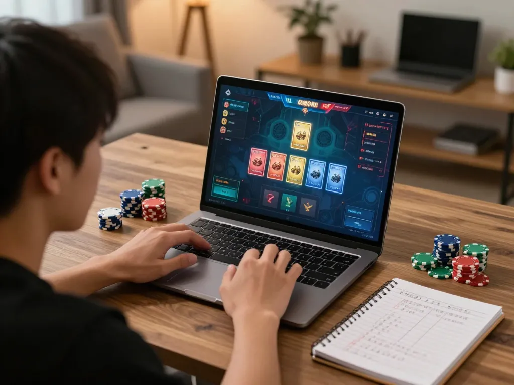 Player enjoying Rồng hổ đại chiến B52club on a laptop, surrounded by chips and strategy notes for an exciting gaming experience.