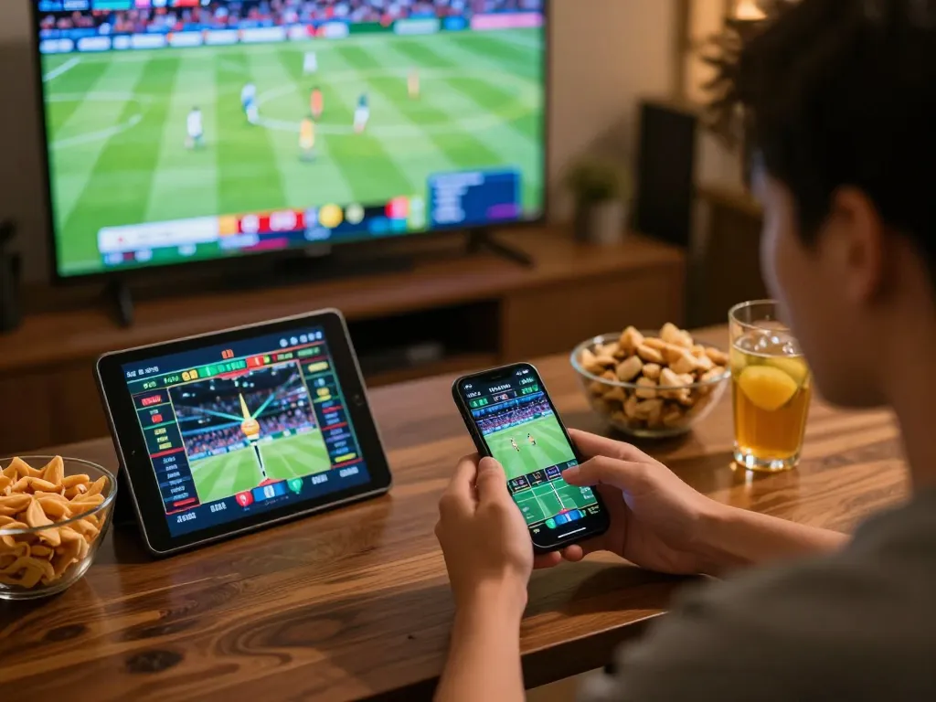 Engaging in live sports betting with winstrike69 strategies in a cozy home setup, showcasing excitement and focus.