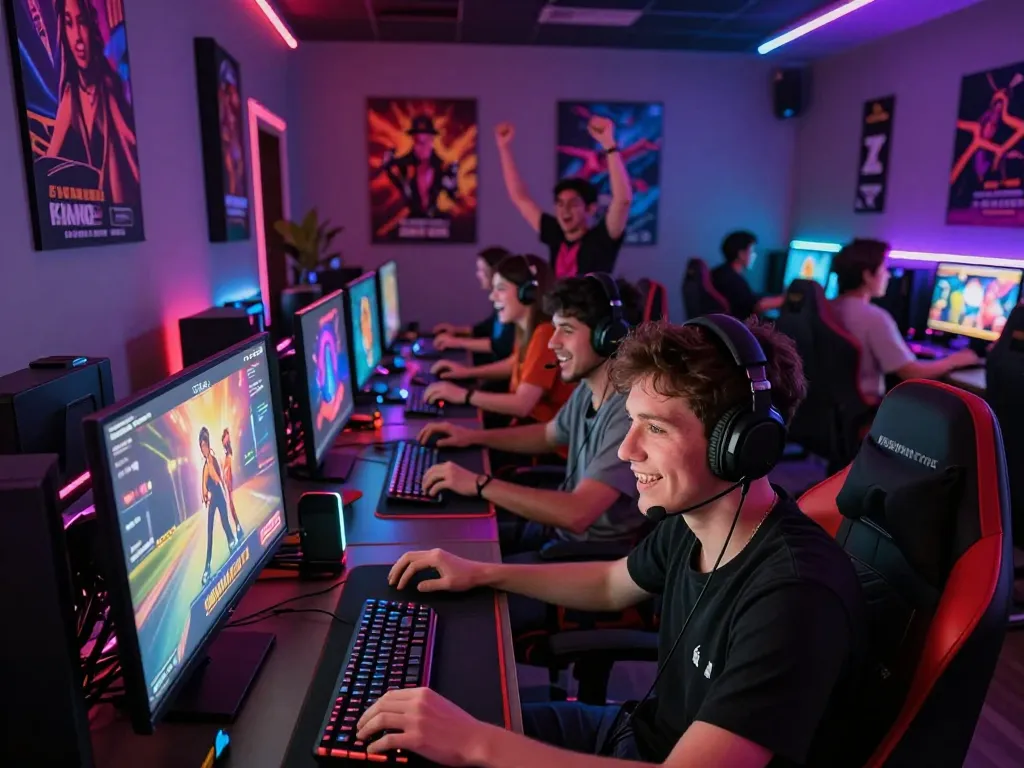 Players enjoying various porn games online in a vibrant gaming lounge.