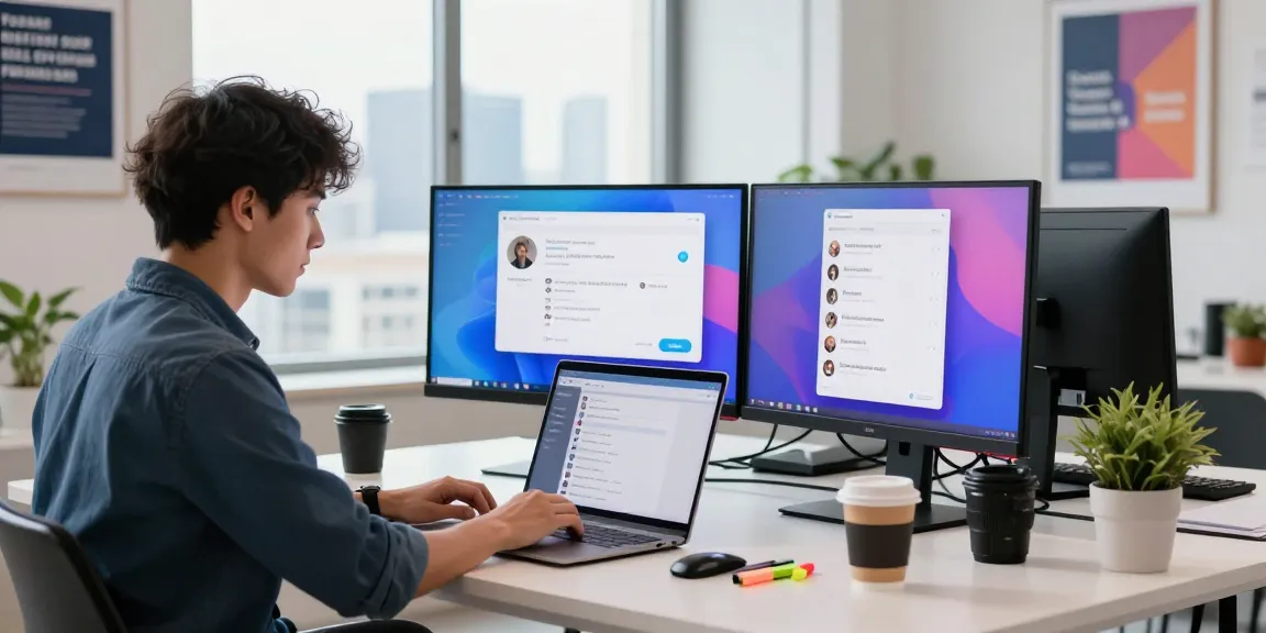Professional workspace featuring a user engaging with the 纸飞机中文版官网 on multiple screens, illuminated by natural light.