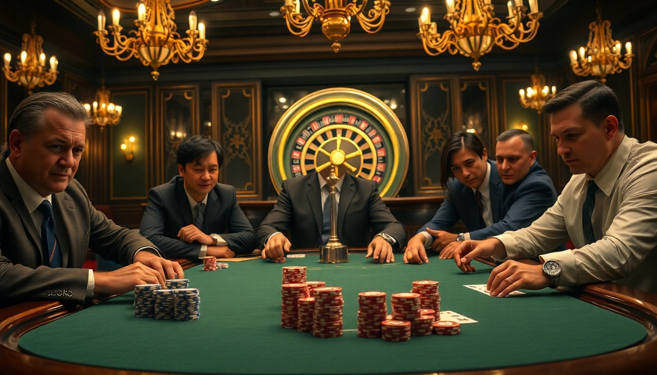 Intense poker action at a luxury casino featuring s8-styled chips in a high-stakes game.