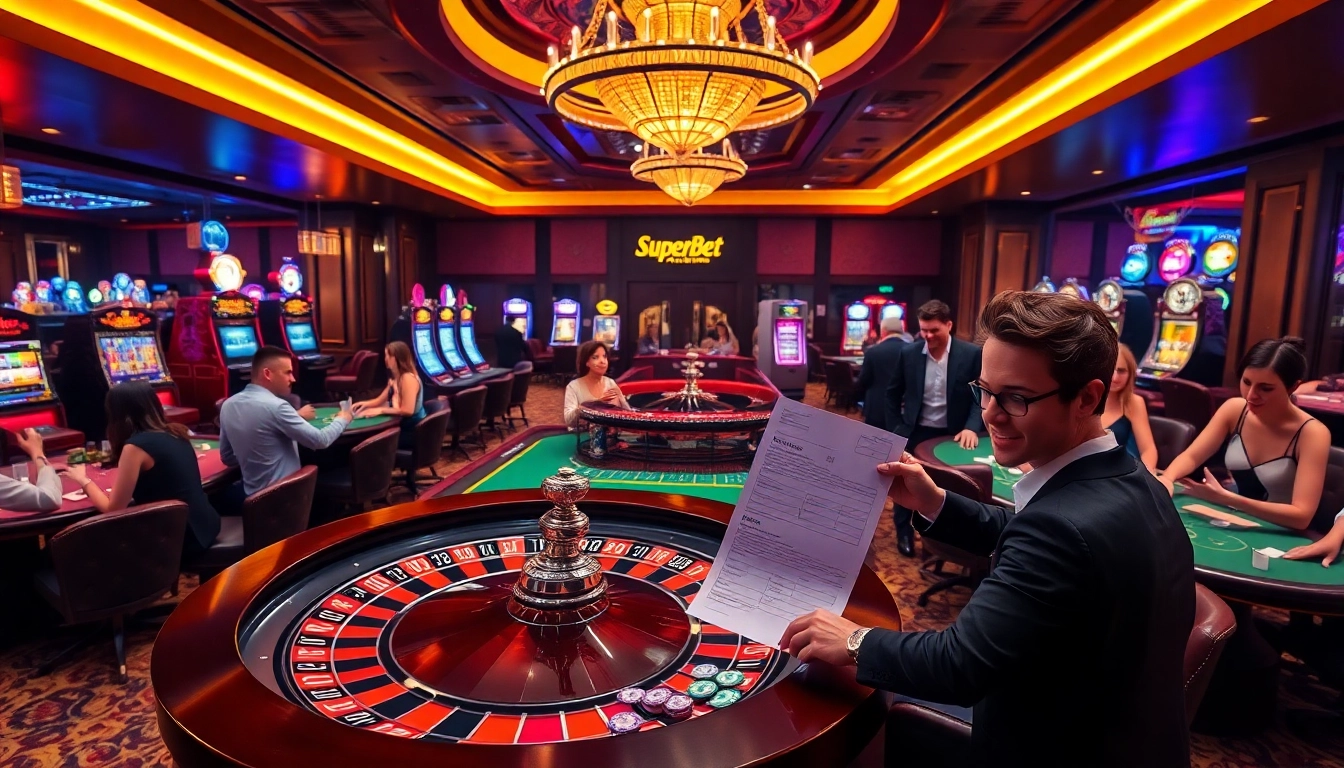 Players enjoying a thrilling Superbet-themed casino with slot machines and roulette.