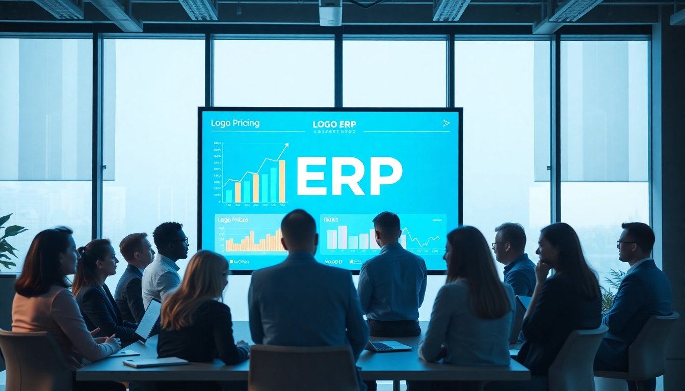 Professional team discussing Logo ERP fiyat in a modern office setting