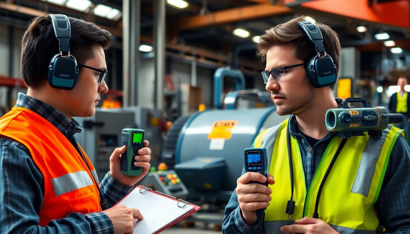 Conducting a noise assessment survey in an industrial environment with sound level meters.