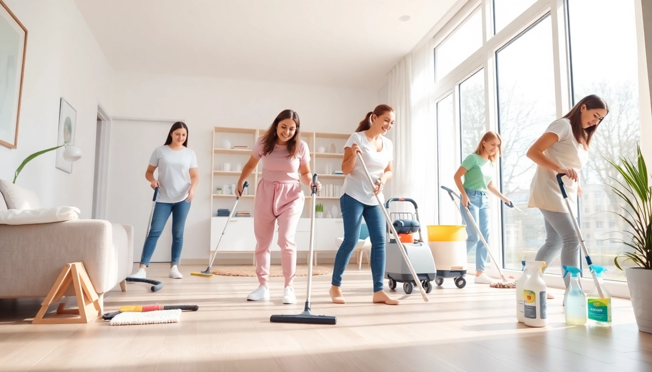 Efficient cleaning service team revitalizing a bright and sparkling home environment.