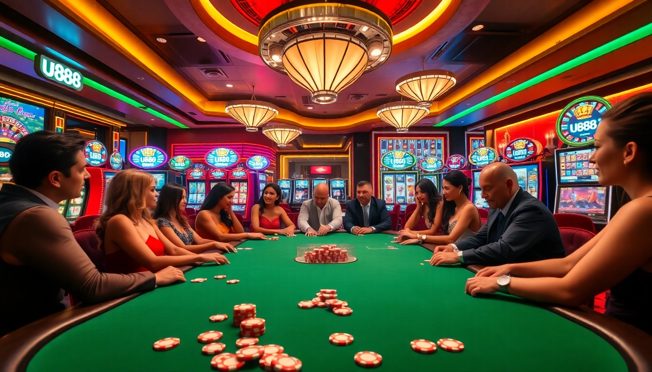 Experience the excitement of U888 with a vibrant casino scene showcasing players and games.