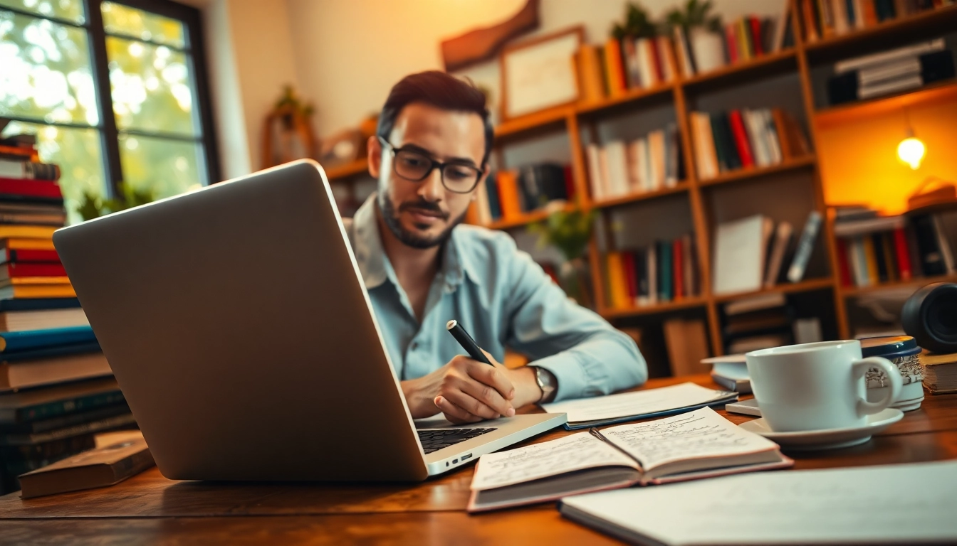 Crafting a guestpost in a cozy workspace with a professional writer focused on ideas.