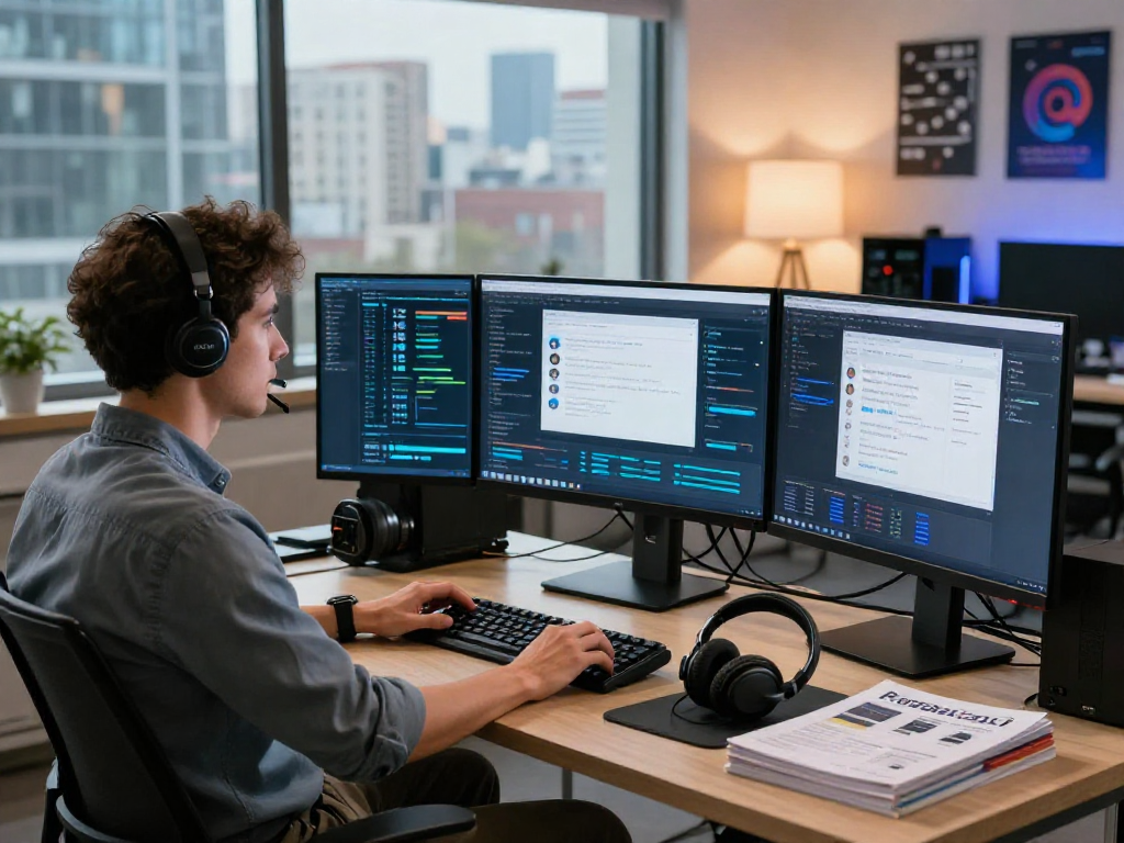 Gestión de vps hosting por un especialista en TI en su moderno espacio de trabajo.
