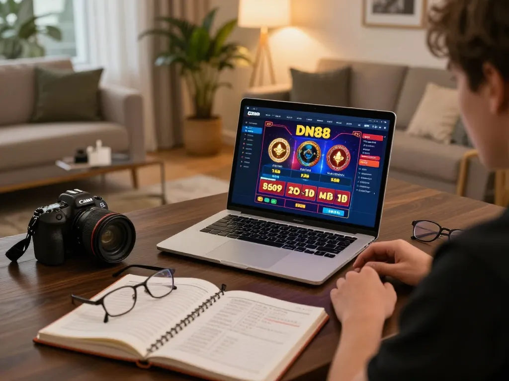 Engaged player analyzing strategies on DN88 online casino interface from a cozy home gaming setup.