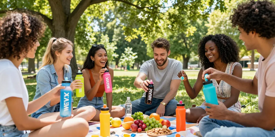 Friends savoring flavored water with coca cola pod during a sunny picnic.