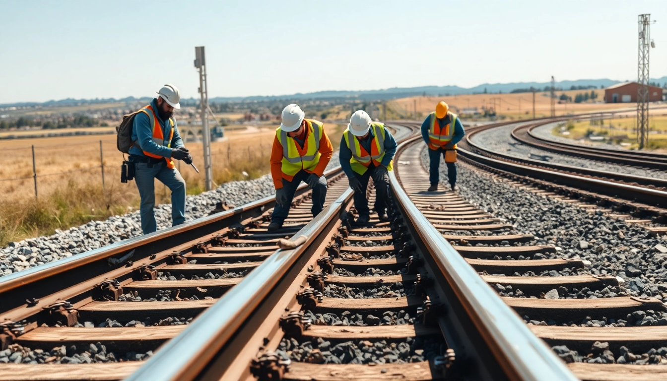 Railroad Maintenance crew inspecting tracks, showcasing dedication and efficiency in a natural setting.