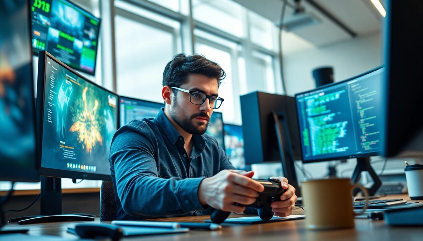Engaging game quality assurance tester examining gameplay in a modern office environment.