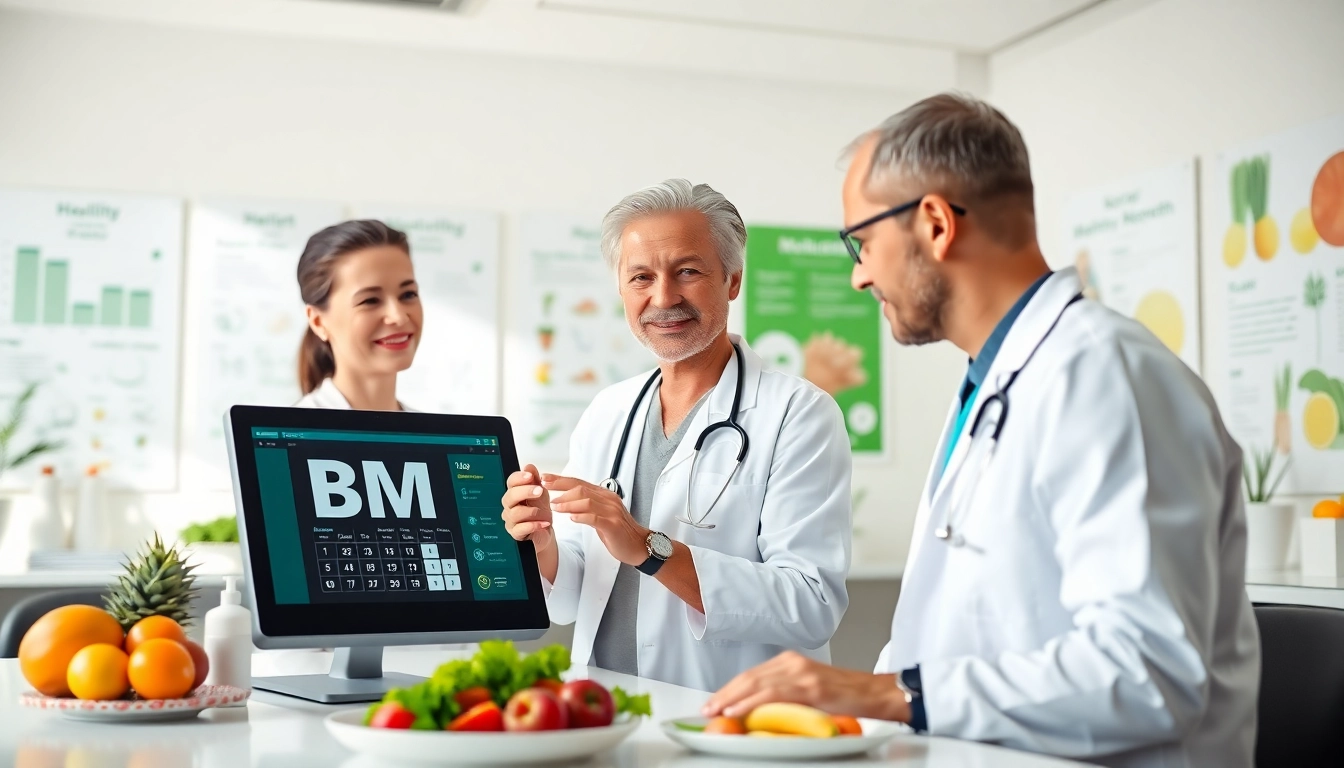 Calculate body mass with a bmi calculator at a healthcare clinic, showcasing patient interaction.