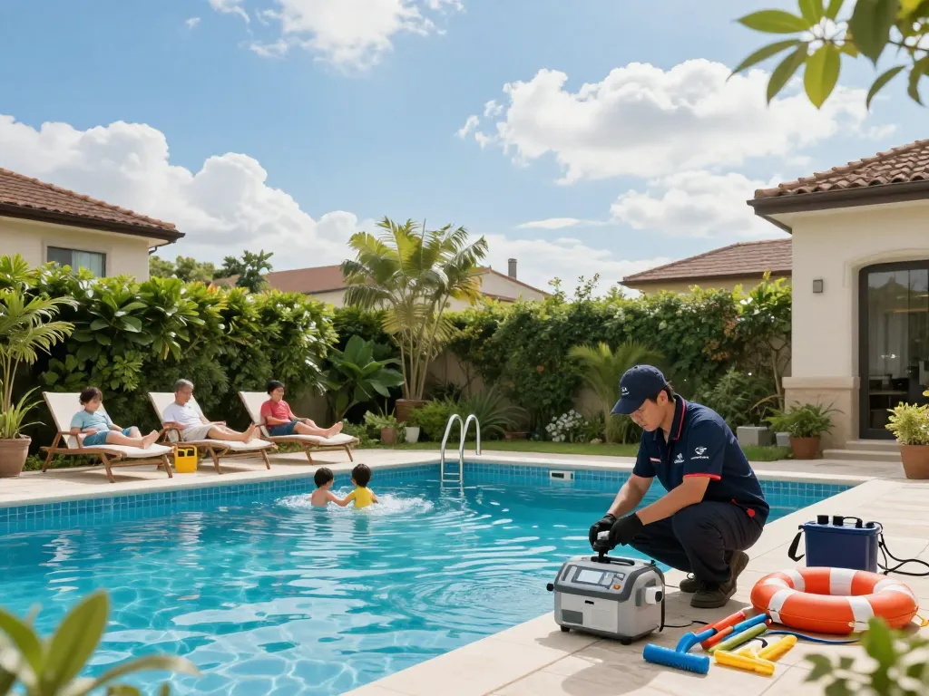 Dolphin Pool Services technician inspecting a pristine pool in sunny Virginia backyard, showcasing expertise and care.
