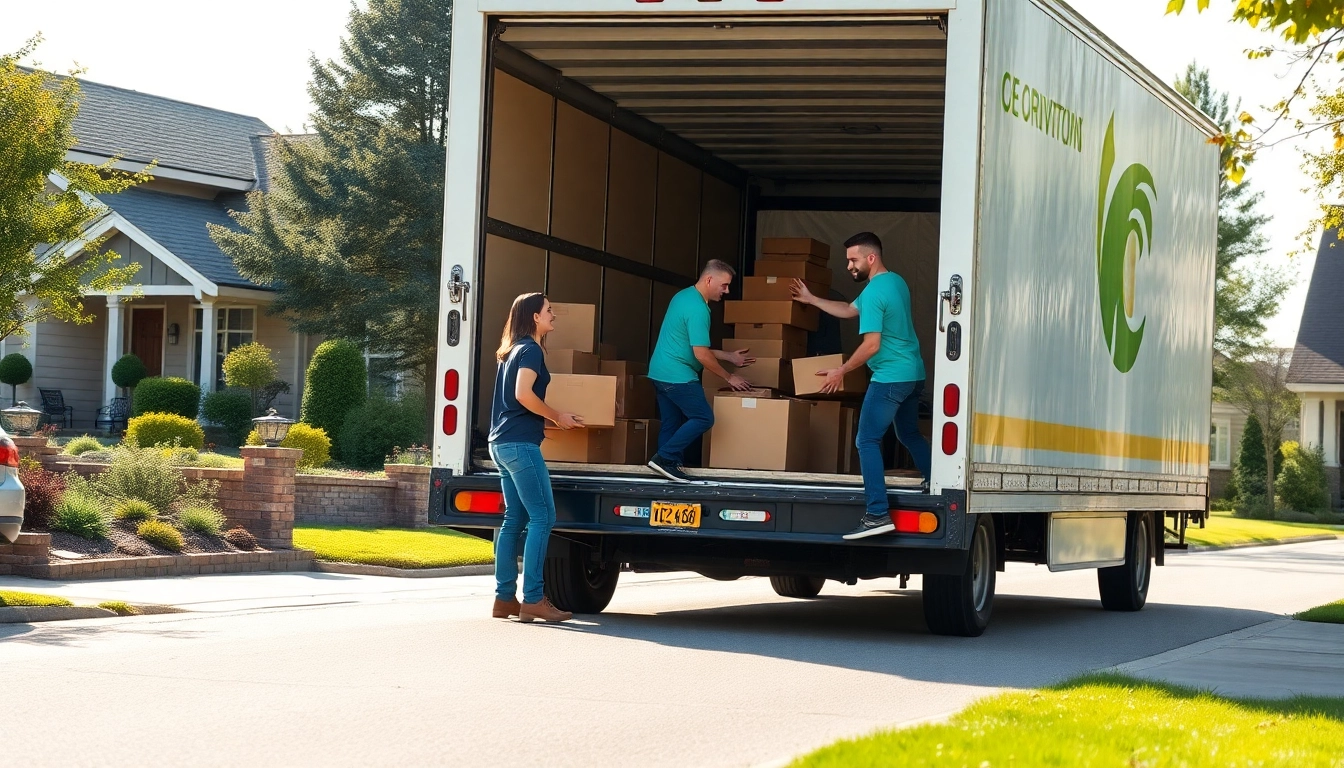 Provincial moving team efficiently unloading boxes in a sunny suburban neighborhood.