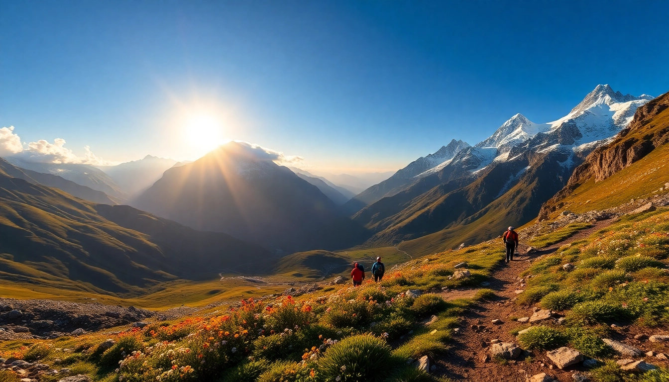 Trekkers enjoying the breathtaking views of the Goechala trek amidst towering mountains.