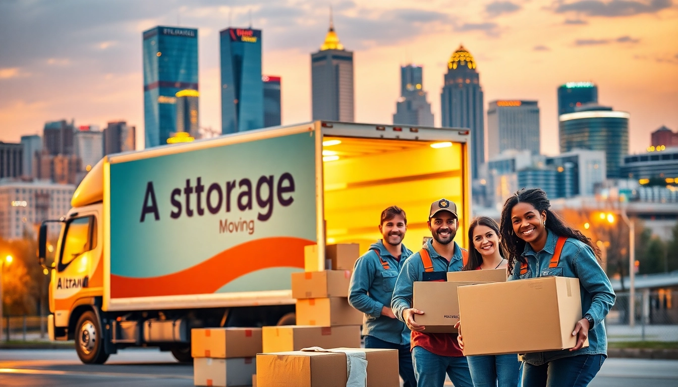 Efficient team demonstrating moving and storage atlanta services, loaded truck in vibrant city setting.