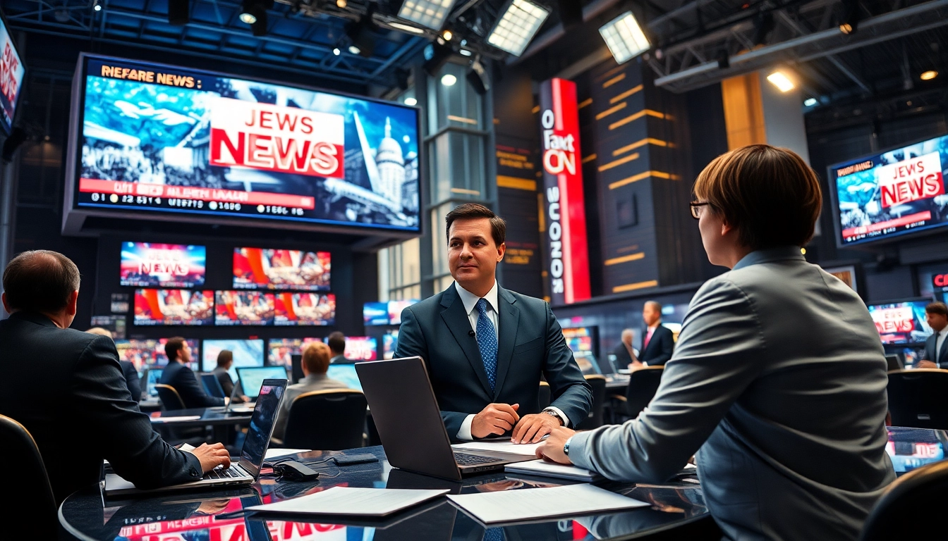 Engaging news reporter actively presenting breaking news in a dynamic newsroom.