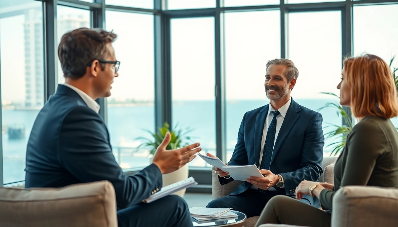 Palm Harbor Divorce Lawyer consulting clients in a professional office setting with beautiful views.