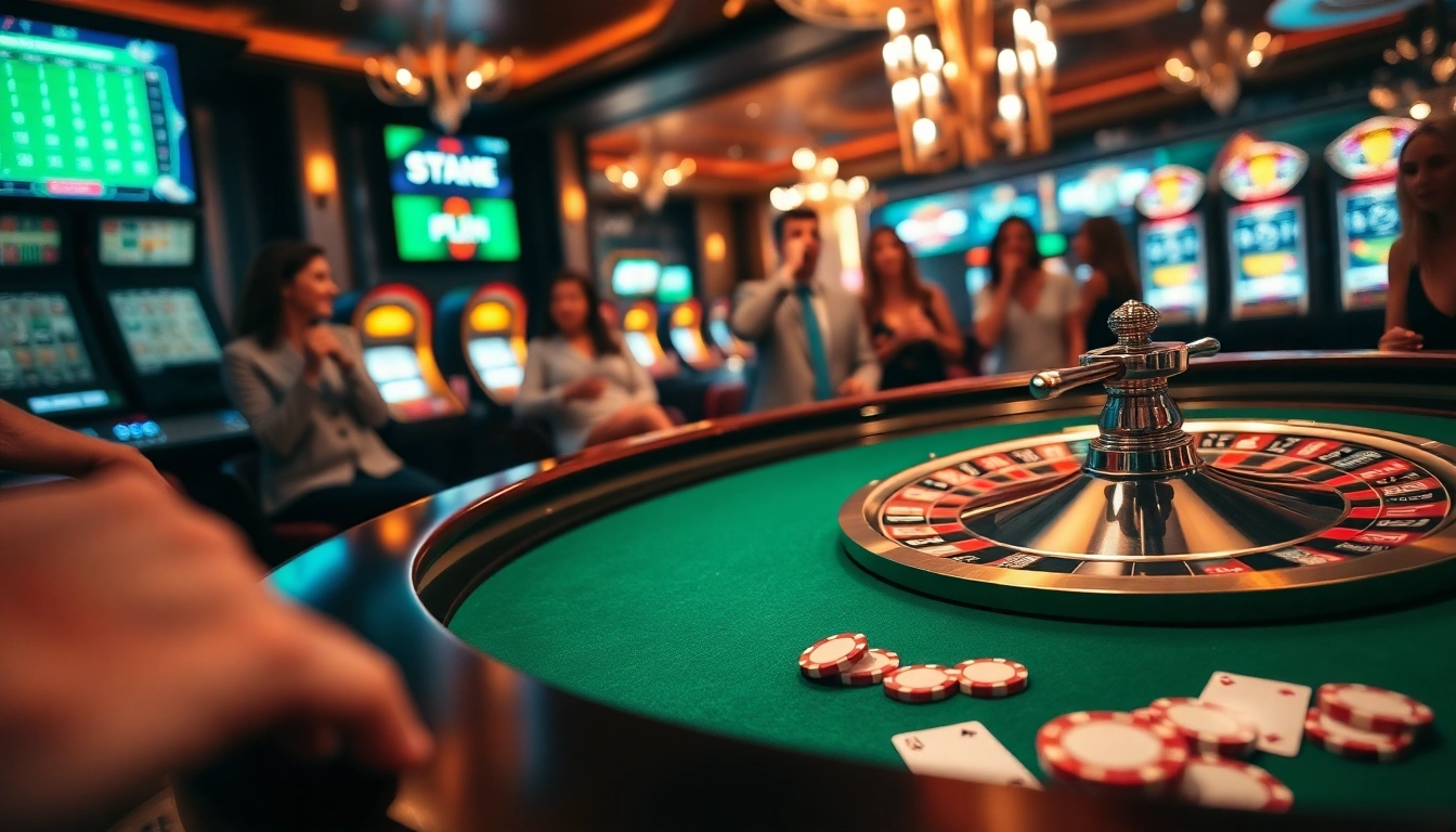 Thrilling casino scene at https://hbbet5.art/ with roulette table, excited players, and vibrant gaming atmosphere.