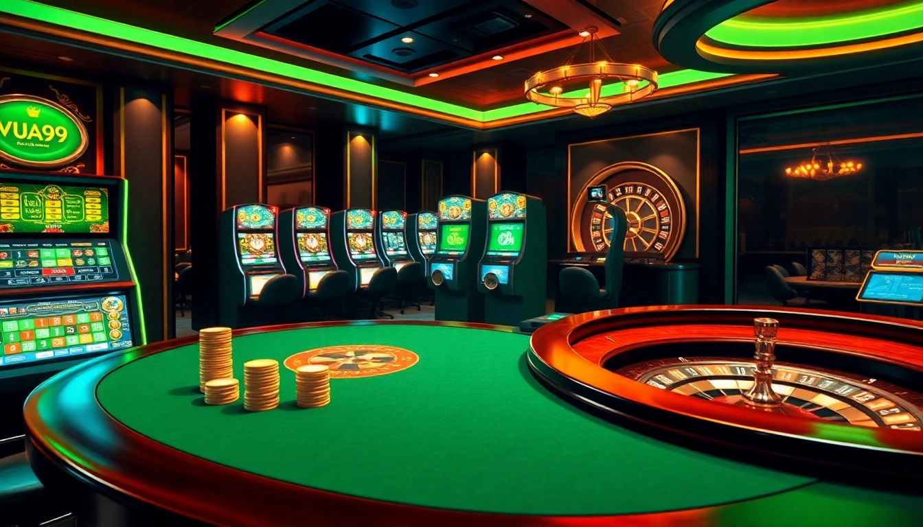 Engage in high-stakes gambling at VUA99's luxurious casino gaming setup featuring exciting poker and slot machines.