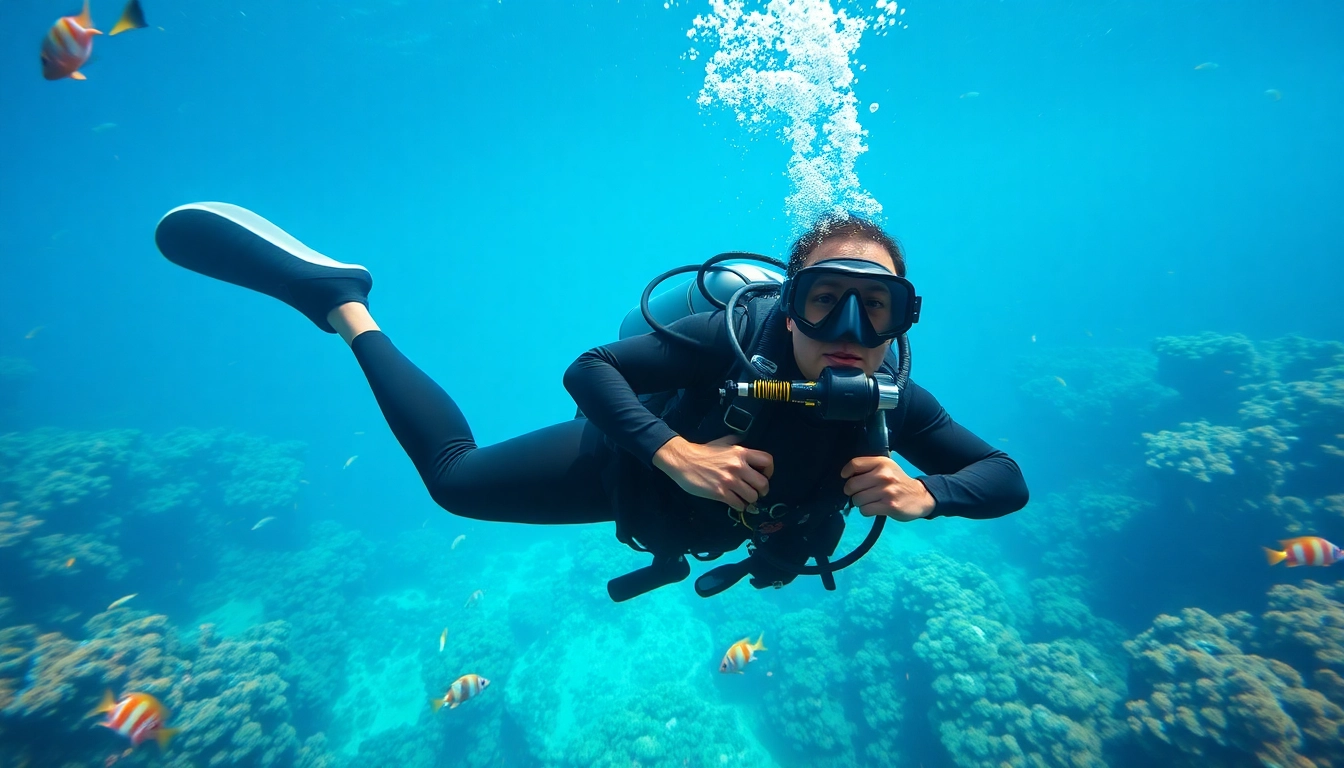 Tauchen Lernen unter Wasser mit einem professionellen Taucher, umgeben von bunten Korallen und Fischen.
